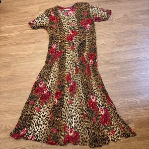 Pretty Pink Leopard Floral Maxi Dress Womens Large Multicolor Crinkle Rayon